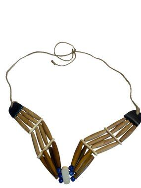 Handcrafted Tribal-Style Necklace Wooden Beads Blue Accents Rustic Statement